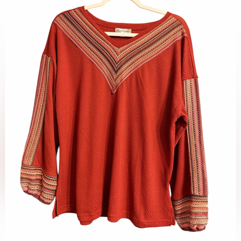 Casual Express Boho Top Size Small Burnt Orange Embroidered V-Neck